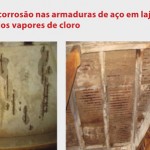 Fotos com efeitos de corrosão nas armaduras de aço em lajes e estruturas de reservatórios de água, devido a ação dos vapores de cloro